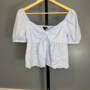 Aqua Blue Eyelet Puff Sleeve Peplum Top XS Cottagecore Twist‎ Front